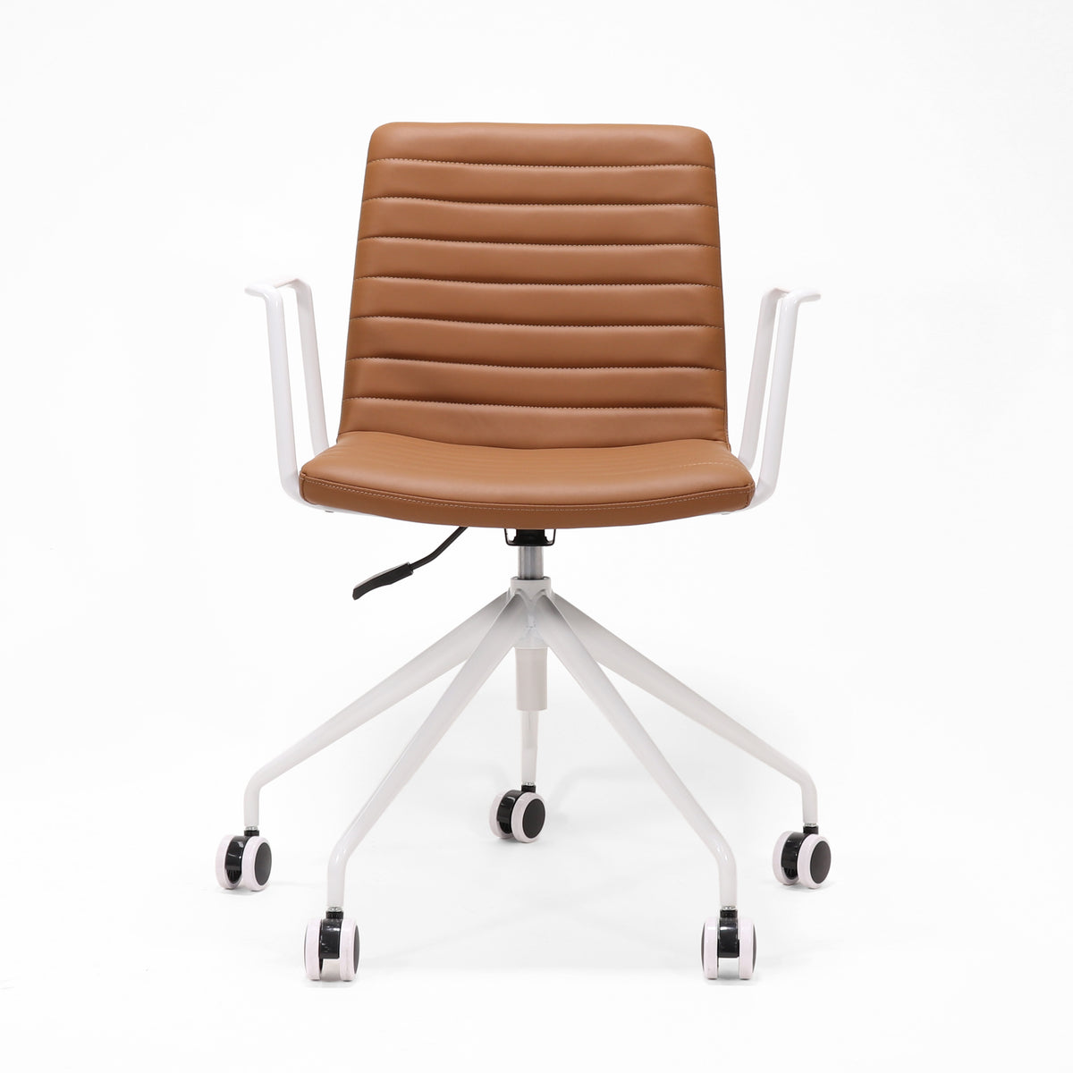 Rapidline Pixel 5 Star meeting chair with arms in amber PU on a white powdercoated five star swivel base with a gas strut and two loop arm rests, product photograph on a plain background showing the ribbed horizontal stitching across the seat and back.