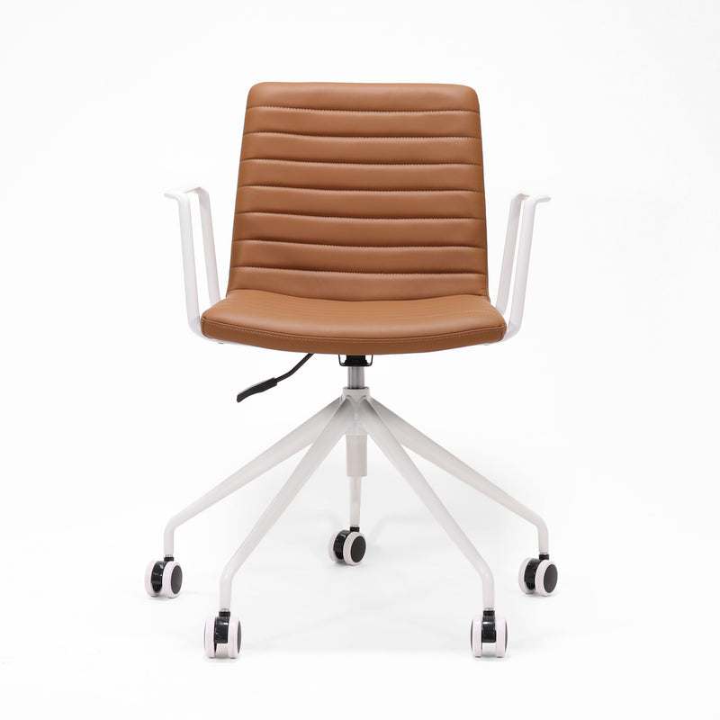 Rapidline Pixel 5 Star meeting chair with arms in amber PU on a white powdercoated five star swivel base with a gas strut and two loop arm rests, product photograph on a plain background showing the ribbed horizontal stitching across the seat and back.