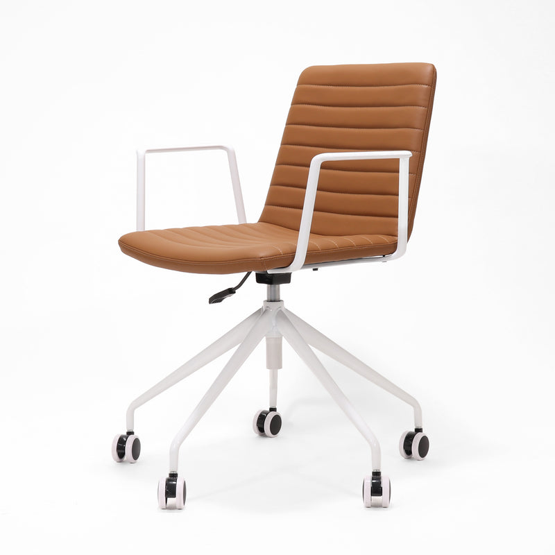 Rapidline Pixel 5 Star meeting chair with arms in amber PU on a white powdercoated five star swivel base with a gas strut and two loop arm rests, product photograph on a plain background showing the ribbed horizontal stitching across the seat and back.