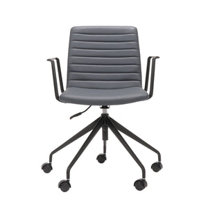 Rapidline Pixel 5 Star meeting chair with arms in French Navy PU on a black powdercoated five star swivel base with a gas strut and two loop arm rests, product photograph on a plain background showing the ribbed horizontal stitching across the seat and back.