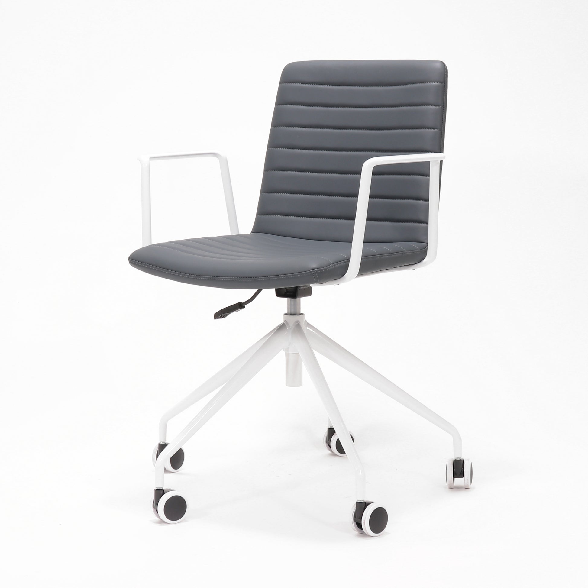 Rapidline Pixel 5 Star meeting chair with arms in French Navy PU on a white powdercoated five star swivel base with a gas strut and two loop arm rests, product photograph on a plain background showing the ribbed horizontal stitching across the seat and back.