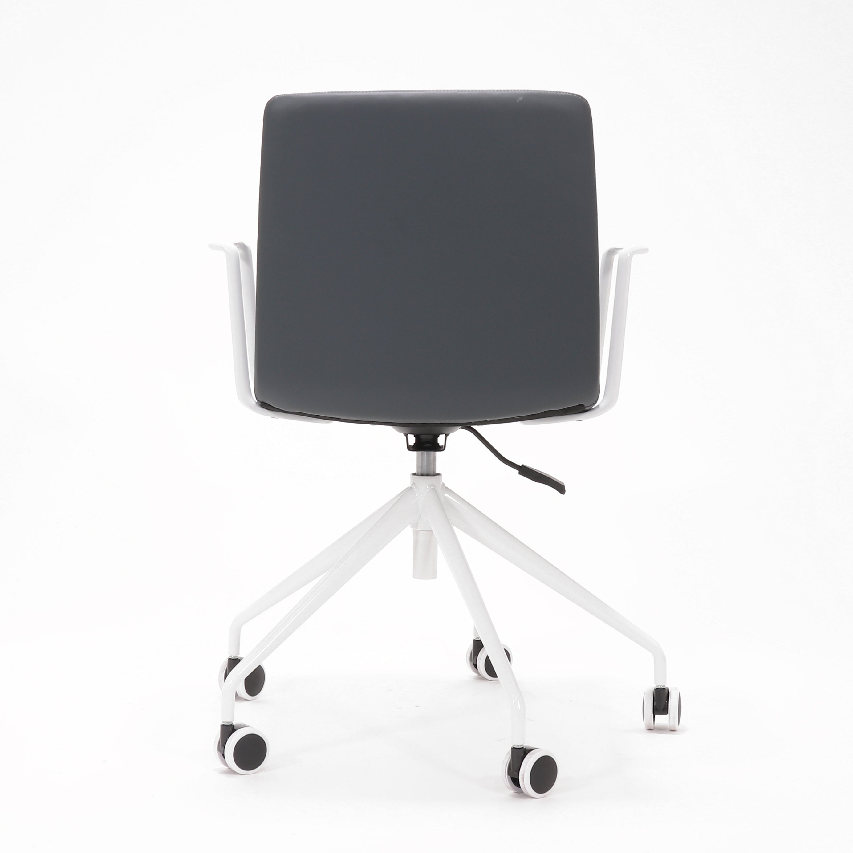 Rapidline Pixel 5 Star meeting chair with arms in French Navy PU on a white powdercoated five star swivel base with a gas strut and two loop arm rests, product photograph on a plain background showing the ribbed horizontal stitching across the seat and back.
