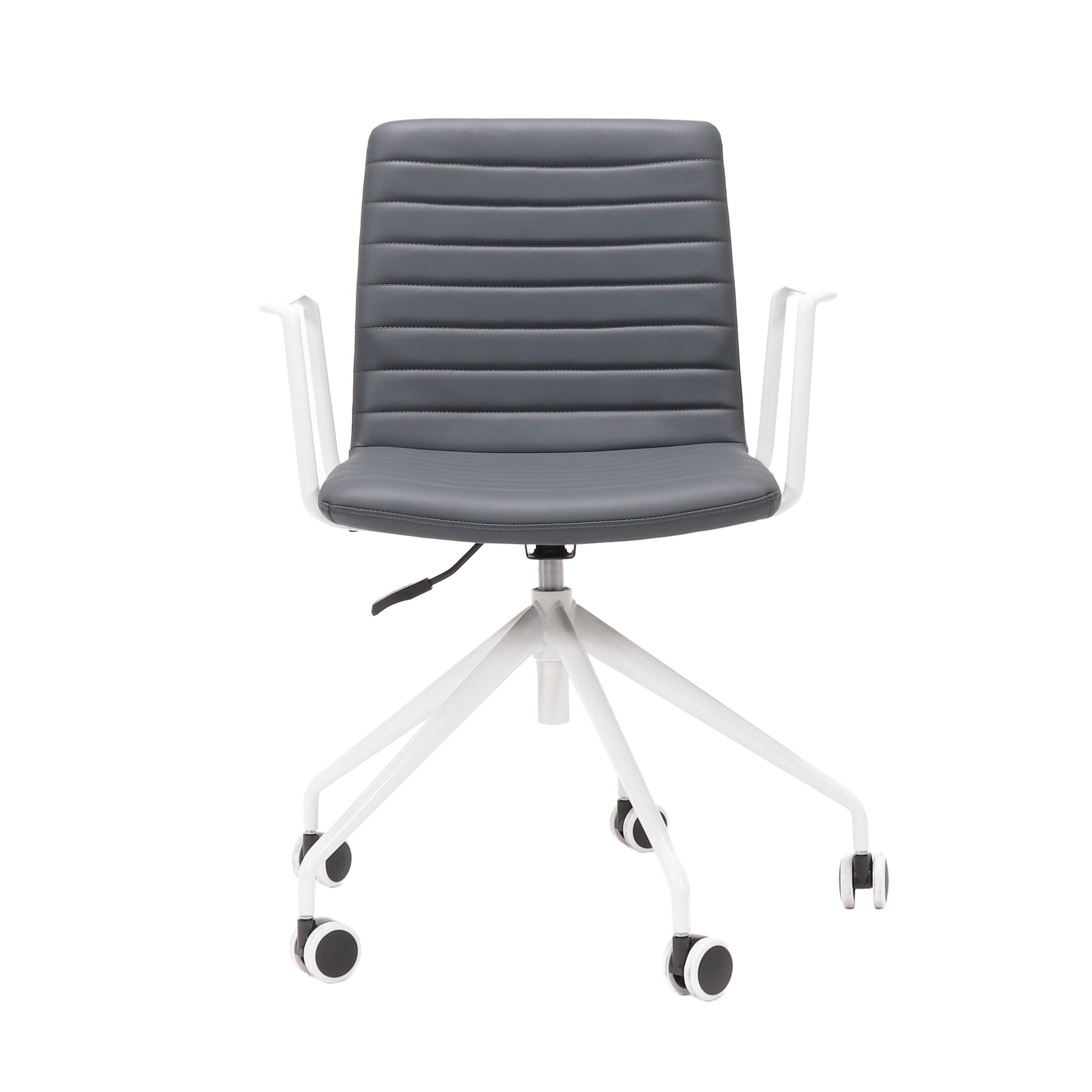 Rapidline Pixel 5 Star meeting chair with arms in French Navy PU on a white powdercoated five star swivel base with a gas strut and two loop arm rests, product photograph on a plain background showing the ribbed horizontal stitching across the seat and back.