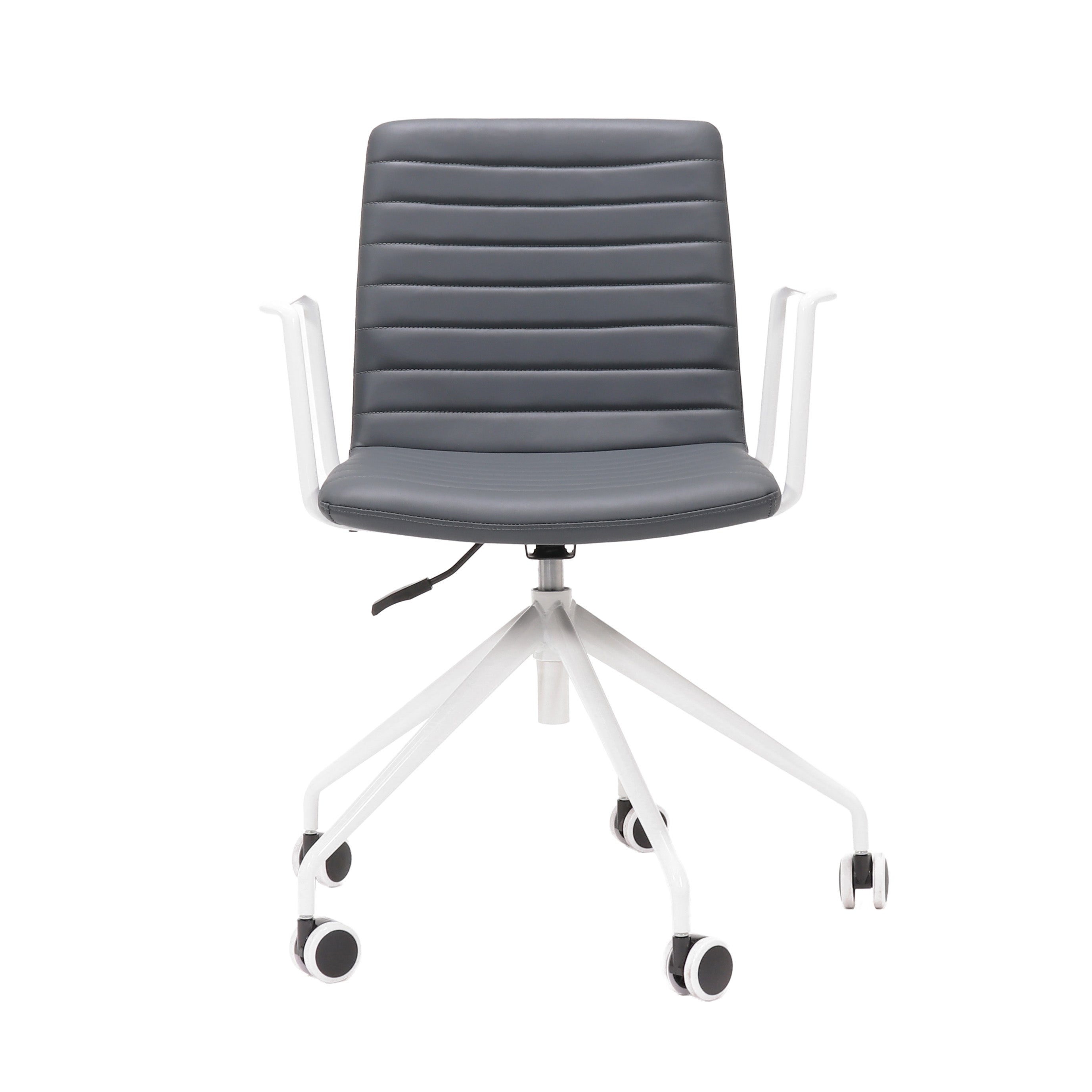 Rapidline Pixel 5 Star meeting chair with arms in French Navy PU on a white powdercoated five star swivel base with a gas strut and two loop arm rests, product photograph on a plain background showing the ribbed horizontal stitching across the seat and back.