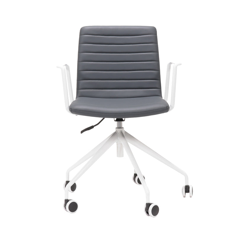 Rapidline Pixel 5 Star meeting chair with arms in French Navy PU on a white powdercoated five star swivel base with a gas strut and two loop arm rests, product photograph on a plain background showing the ribbed horizontal stitching across the seat and back.