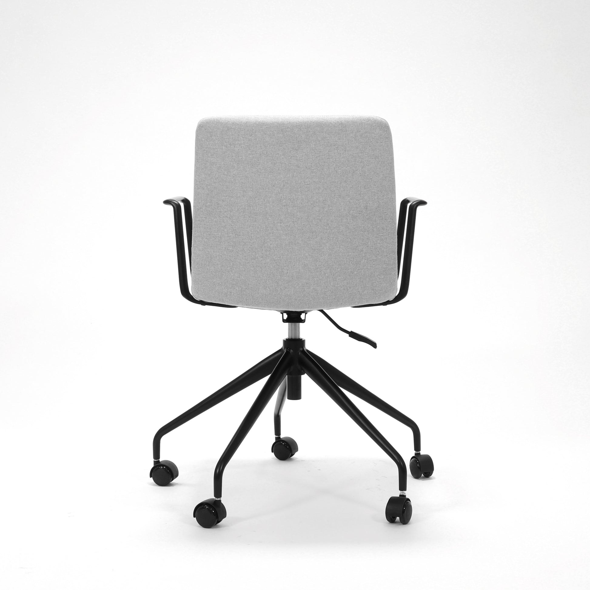 Rapidline Pixel 5 Star meeting chair with arms in light grey commercial fabric on a black powdercoated five star swivel base with a gas strut and two loop arm rests, product photograph on a plain background showing the ribbed horizontal stitching across the seat and back.