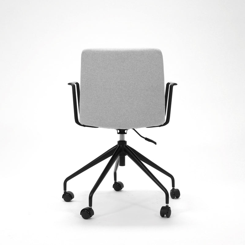 Rapidline Pixel 5 Star meeting chair with arms in light grey commercial fabric on a black powdercoated five star swivel base with a gas strut and two loop arm rests, product photograph on a plain background showing the ribbed horizontal stitching across the seat and back.