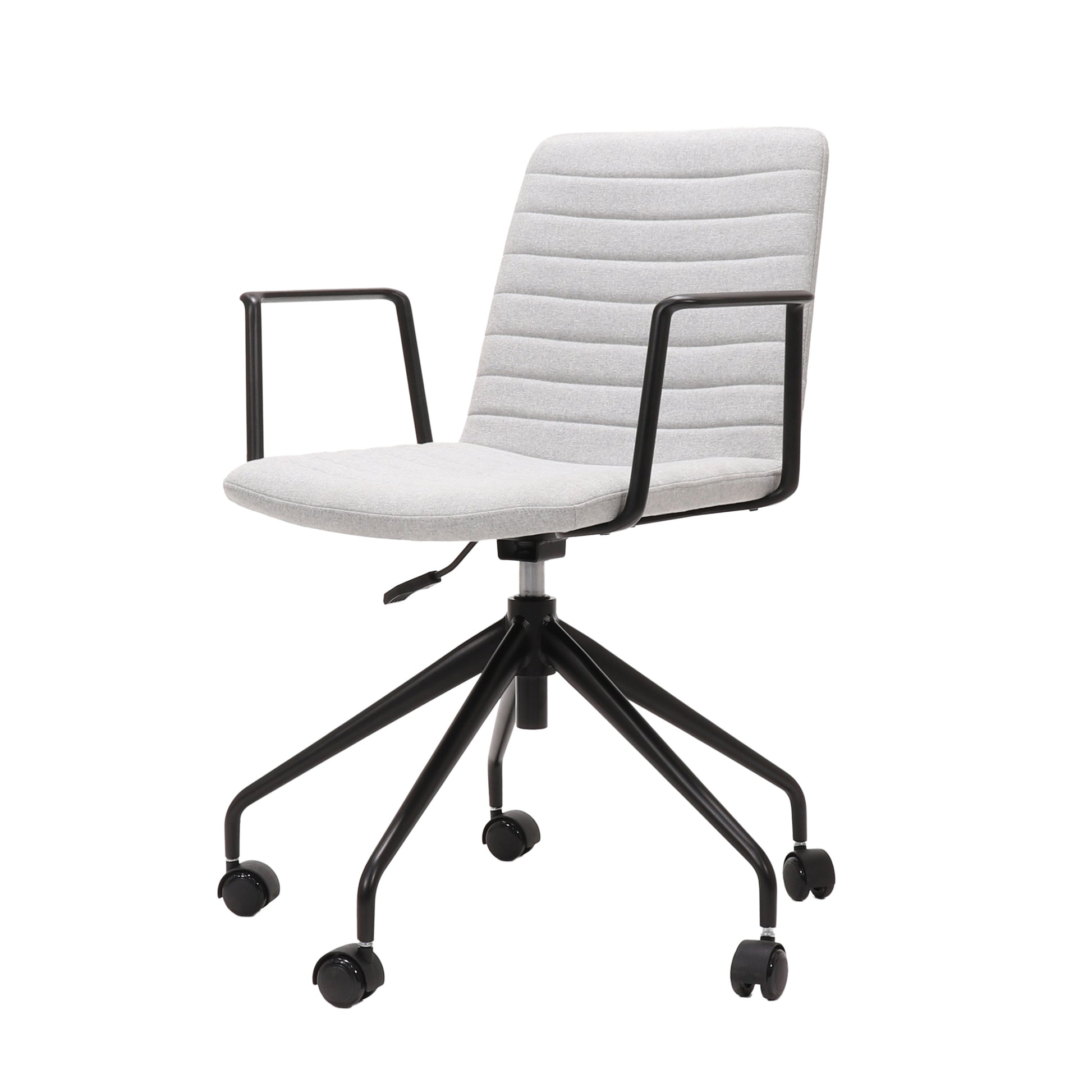 Rapidline Pixel 5 Star meeting chair with arms in light grey commercial fabric on a black powdercoated five star swivel base with a gas strut and two loop arm rests, product photograph on a plain background showing the ribbed horizontal stitching across the seat and back.