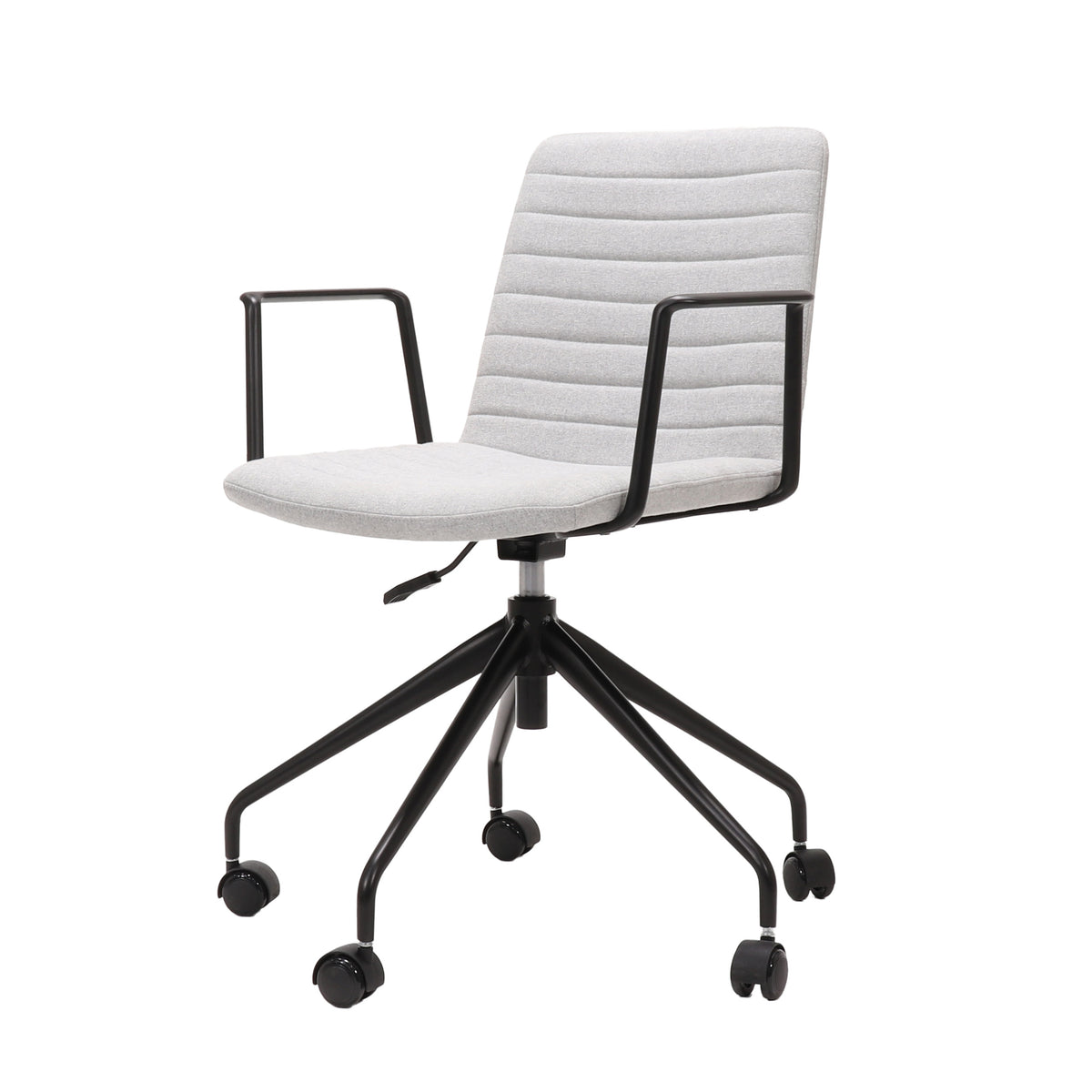 Rapidline Pixel 5 Star meeting chair with arms in light grey commercial fabric on a black powdercoated five star swivel base with a gas strut and two loop arm rests, product photograph on a plain background showing the ribbed horizontal stitching across the seat and back.