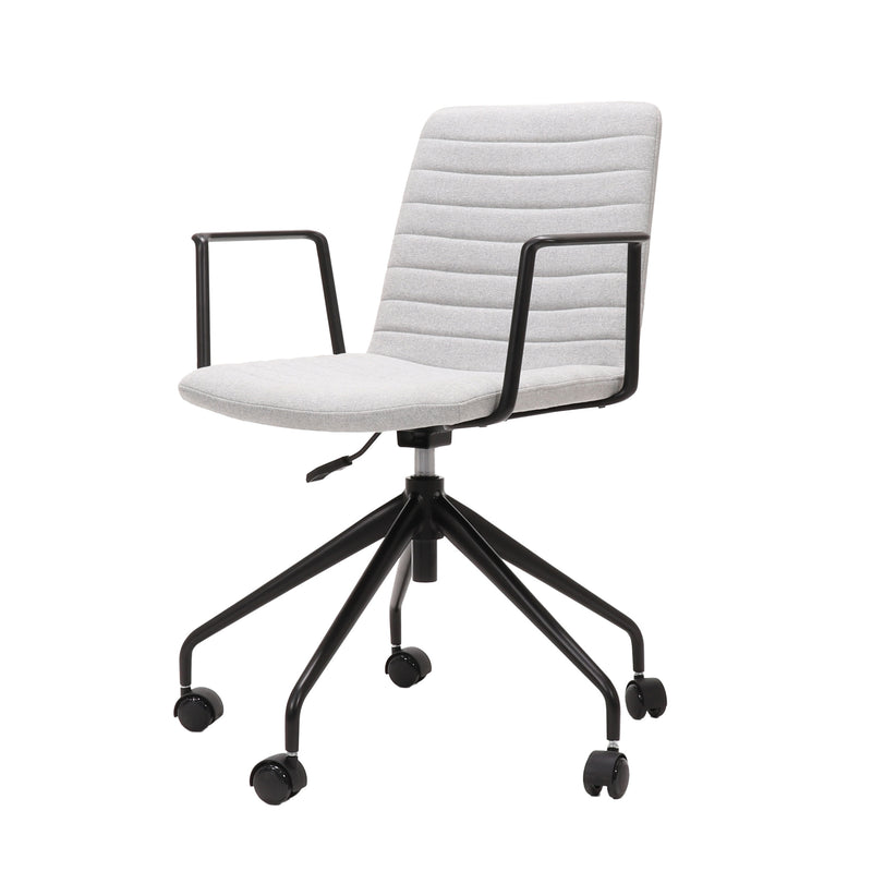 Rapidline Pixel 5 Star meeting chair with arms in light grey commercial fabric on a black powdercoated five star swivel base with a gas strut and two loop arm rests, product photograph on a plain background showing the ribbed horizontal stitching across the seat and back.