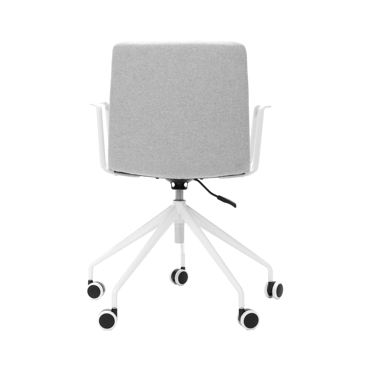 Rapidline Pixel 5 Star meeting chair with arms in light grey commercial fabric on a white powdercoated five star swivel base with a gas strut and two loop arm rests, product photograph on a plain background showing the ribbed horizontal stitching across the seat and back.