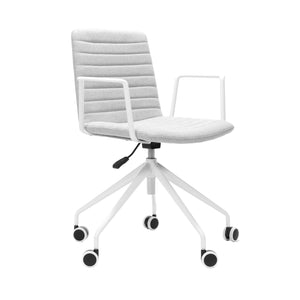Rapidline Pixel 5 Star meeting chair with arms in light grey commercial fabric on a white powdercoated five star swivel base with a gas strut and two loop arm rests, product photograph on a plain background showing the ribbed horizontal stitching across the seat and back.