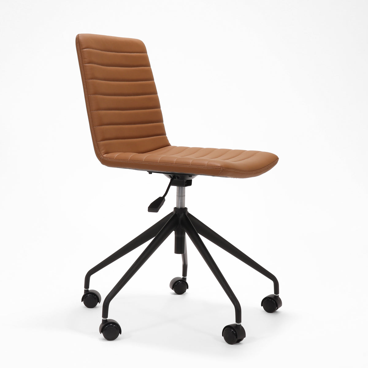 Rapidline Pixel 5 Star breakout and meeting chair in amber PU on a black powdercoated five star swivel base with a gas strut, product photograph on a plain background showing the ribbed horizontal stitching across the seat and back.