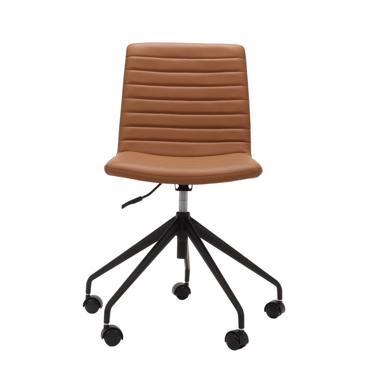 Rapidline Pixel 5 Star breakout and meeting chair in amber PU on a black powdercoated five star swivel base with a gas strut, product photograph on a plain background showing the ribbed horizontal stitching across the seat and back.