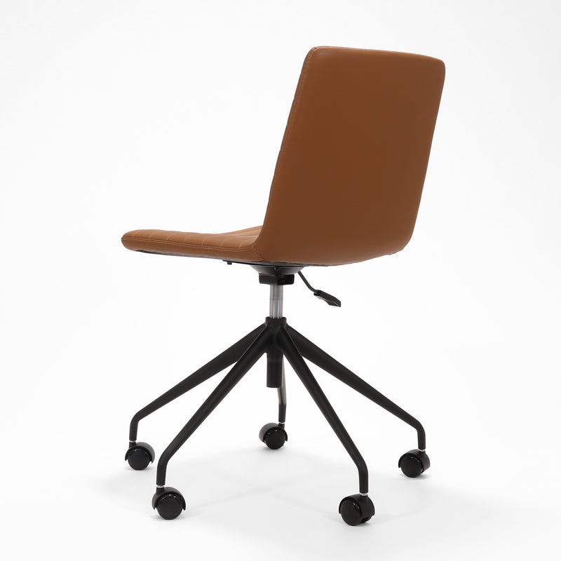 Rapidline Pixel 5 Star breakout and meeting chair in amber PU on a black powdercoated five star swivel base with a gas strut, product photograph on a plain background showing the ribbed horizontal stitching across the seat and back.