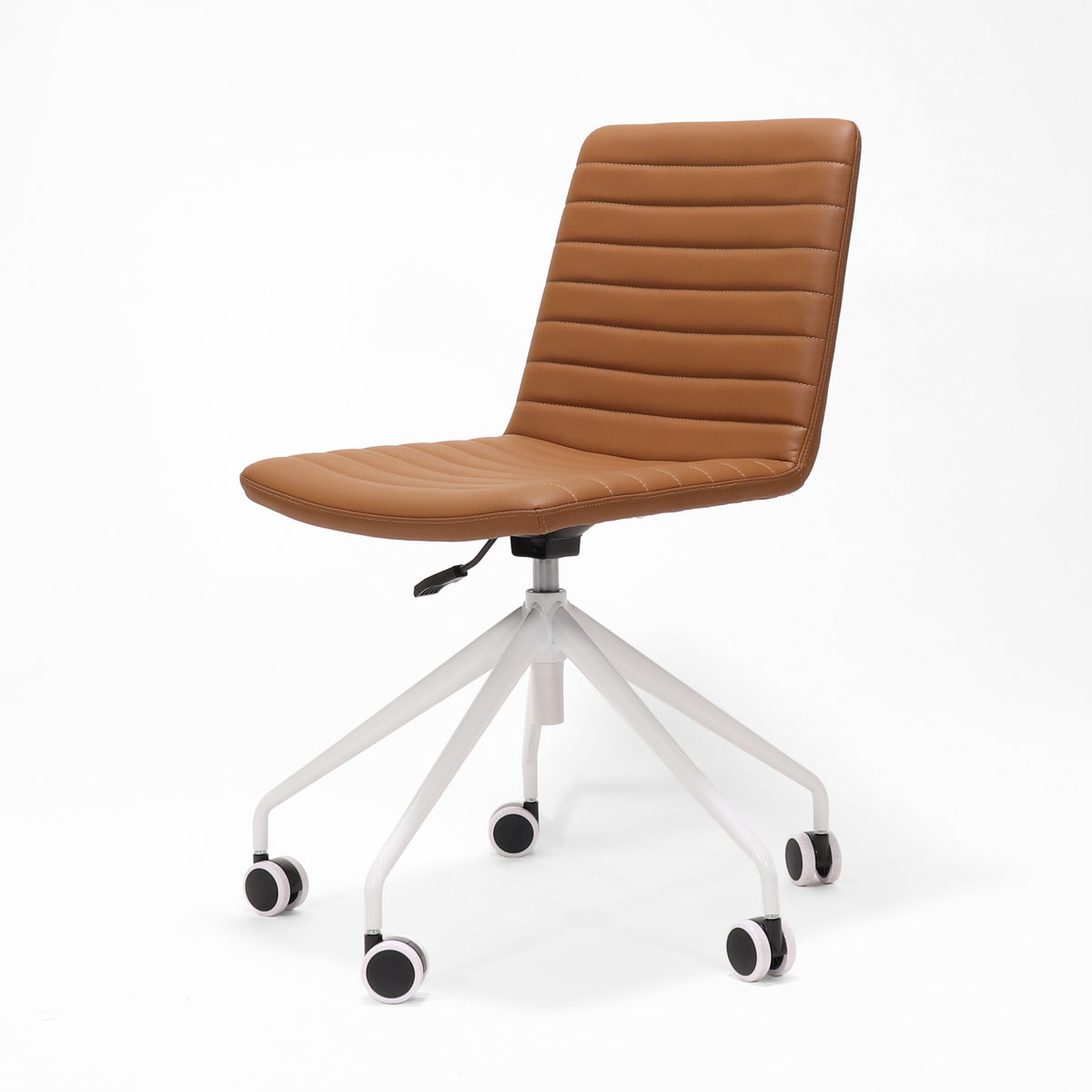 Rapidline Pixel 5 Star breakout and meeting chair in amber PU on a white powdercoated five star swivel base with a gas strut, product photograph on a plain background showing the ribbed horizontal stitching across the seat and back.