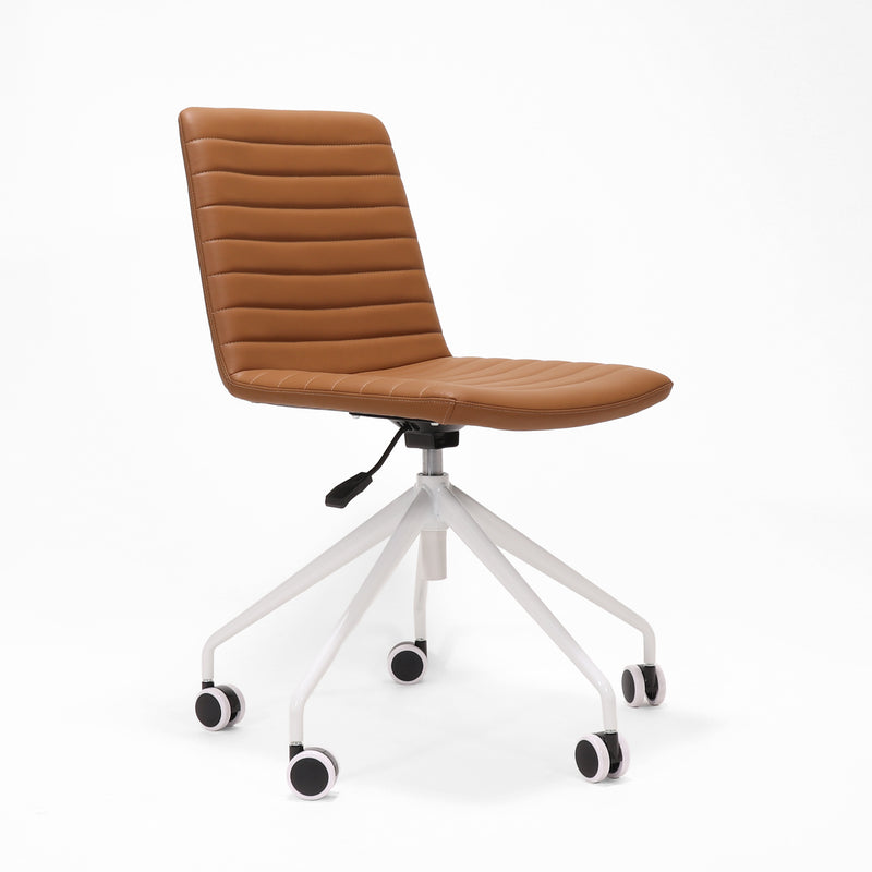 Rapidline Pixel 5 Star breakout and meeting chair in amber PU on a white powdercoated five star swivel base with a gas strut, product photograph on a plain background showing the ribbed horizontal stitching across the seat and back.