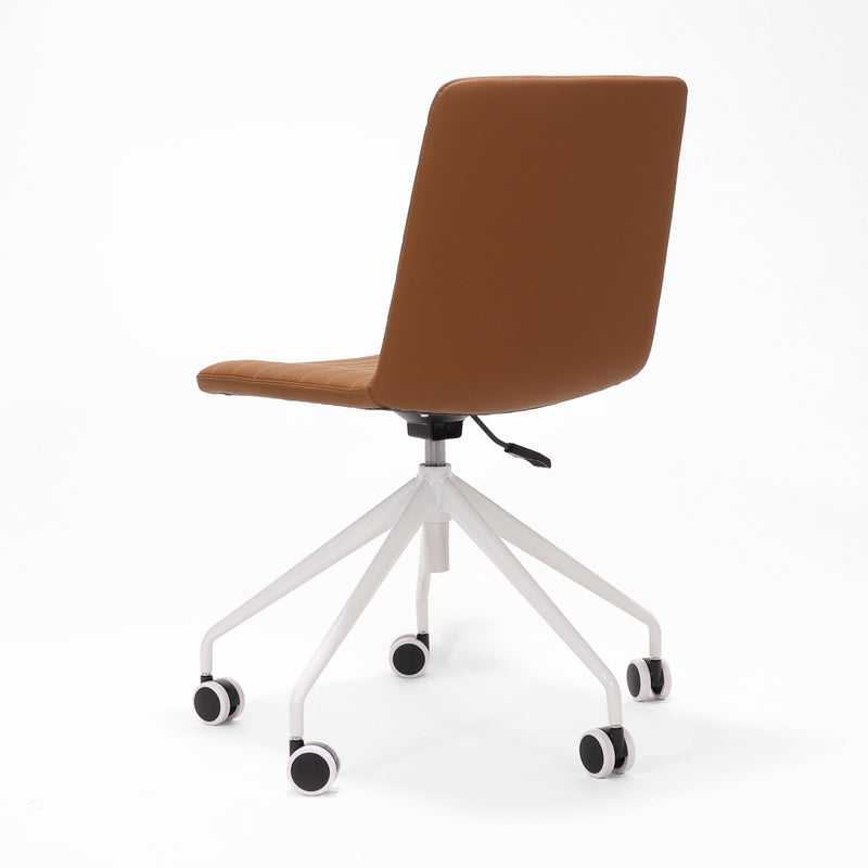Rapidline Pixel 5 Star breakout and meeting chair in amber PU on a white powdercoated five star swivel base with a gas strut, product photograph on a plain background showing the ribbed horizontal stitching across the seat and back.