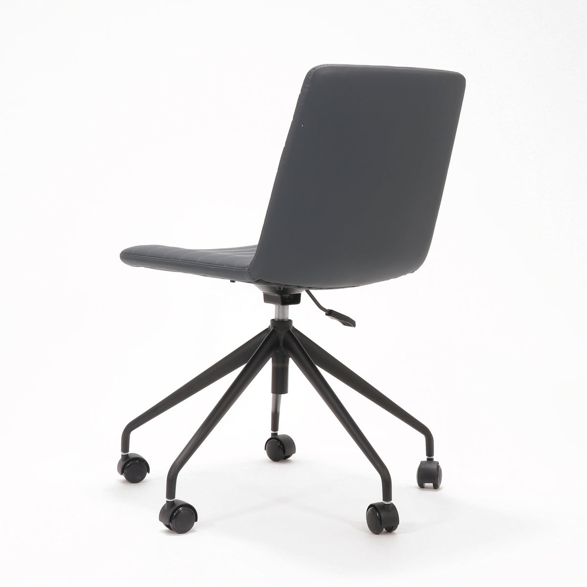 Rapidline Pixel 5 Star breakout and meeting chair in French Navy PU on a black powdercoated five star swivel base with a gas strut, product photograph on a plain background showing the ribbed horizontal stitching across the seat and back.