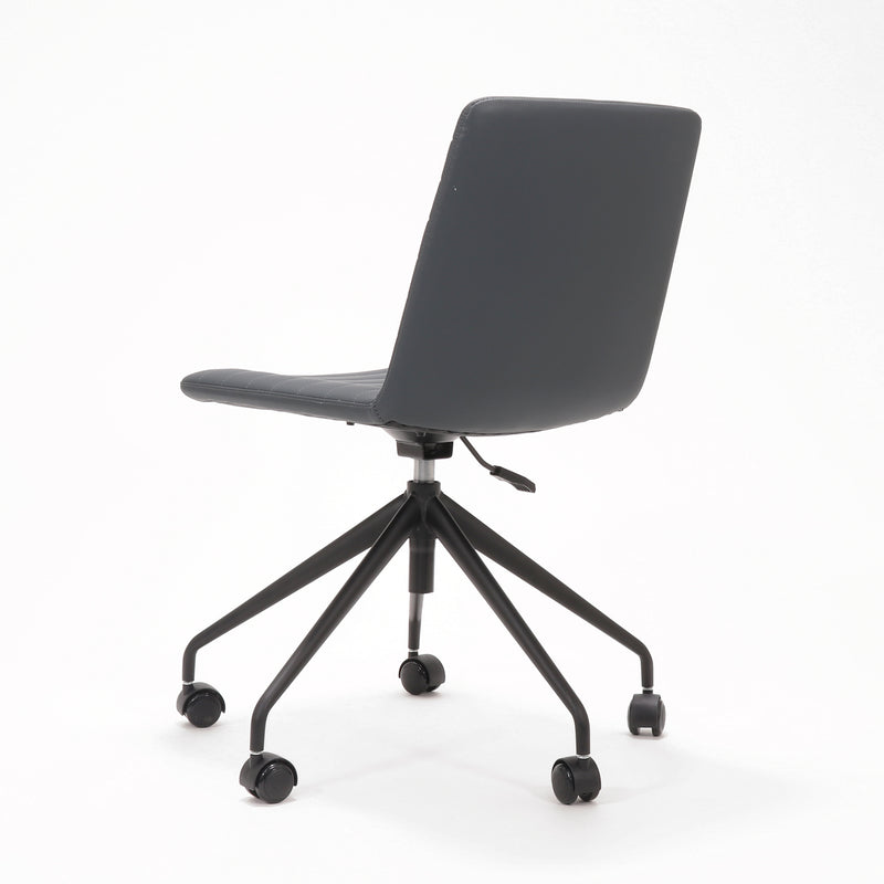 Rapidline Pixel 5 Star breakout and meeting chair in French Navy PU on a black powdercoated five star swivel base with a gas strut, product photograph on a plain background showing the ribbed horizontal stitching across the seat and back.