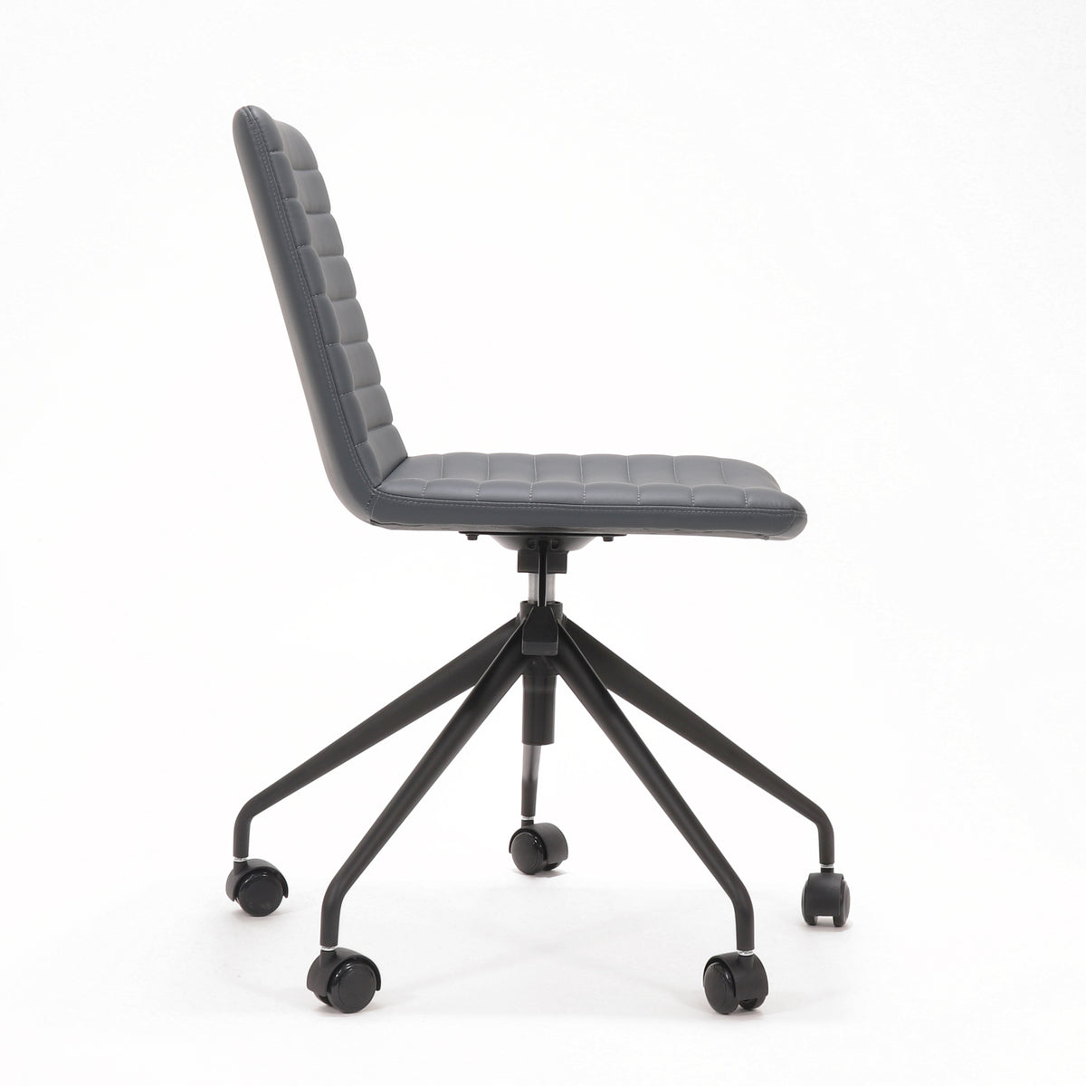 Rapidline Pixel 5 Star breakout and meeting chair in French Navy PU on a black powdercoated five star swivel base with a gas strut, product photograph on a plain background showing the ribbed horizontal stitching across the seat and back.