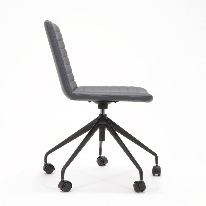 Rapidline Pixel 5 Star breakout and meeting chair in French Navy PU on a black powdercoated five star swivel base with a gas strut, product photograph on a plain background showing the ribbed horizontal stitching across the seat and back.