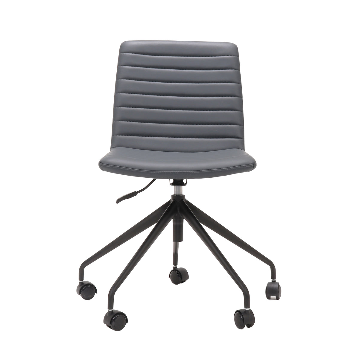 Rapidline Pixel 5 Star breakout and meeting chair in French Navy PU on a black powdercoated five star swivel base with a gas strut, product photograph on a plain background showing the ribbed horizontal stitching across the seat and back.