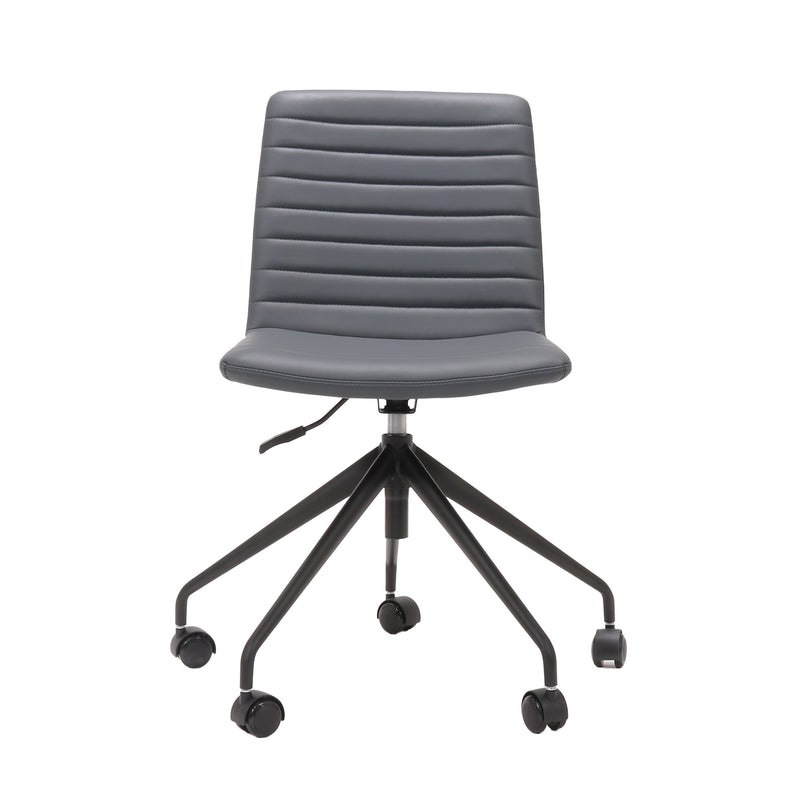 Rapidline Pixel 5 Star breakout and meeting chair in French Navy PU on a black powdercoated five star swivel base with a gas strut, product photograph on a plain background showing the ribbed horizontal stitching across the seat and back.