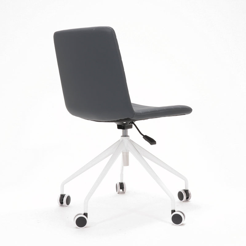 Rapidline Pixel 5 Star breakout and meeting chair in French Navy PU on a white powdercoated five star swivel base with a gas strut, product photograph on a plain background showing the ribbed horizontal stitching across the seat and back.