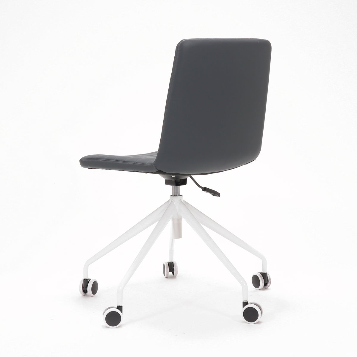 Rapidline Pixel 5 Star breakout and meeting chair in French Navy PU on a white powdercoated five star swivel base with a gas strut, product photograph on a plain background showing the ribbed horizontal stitching across the seat and back.
