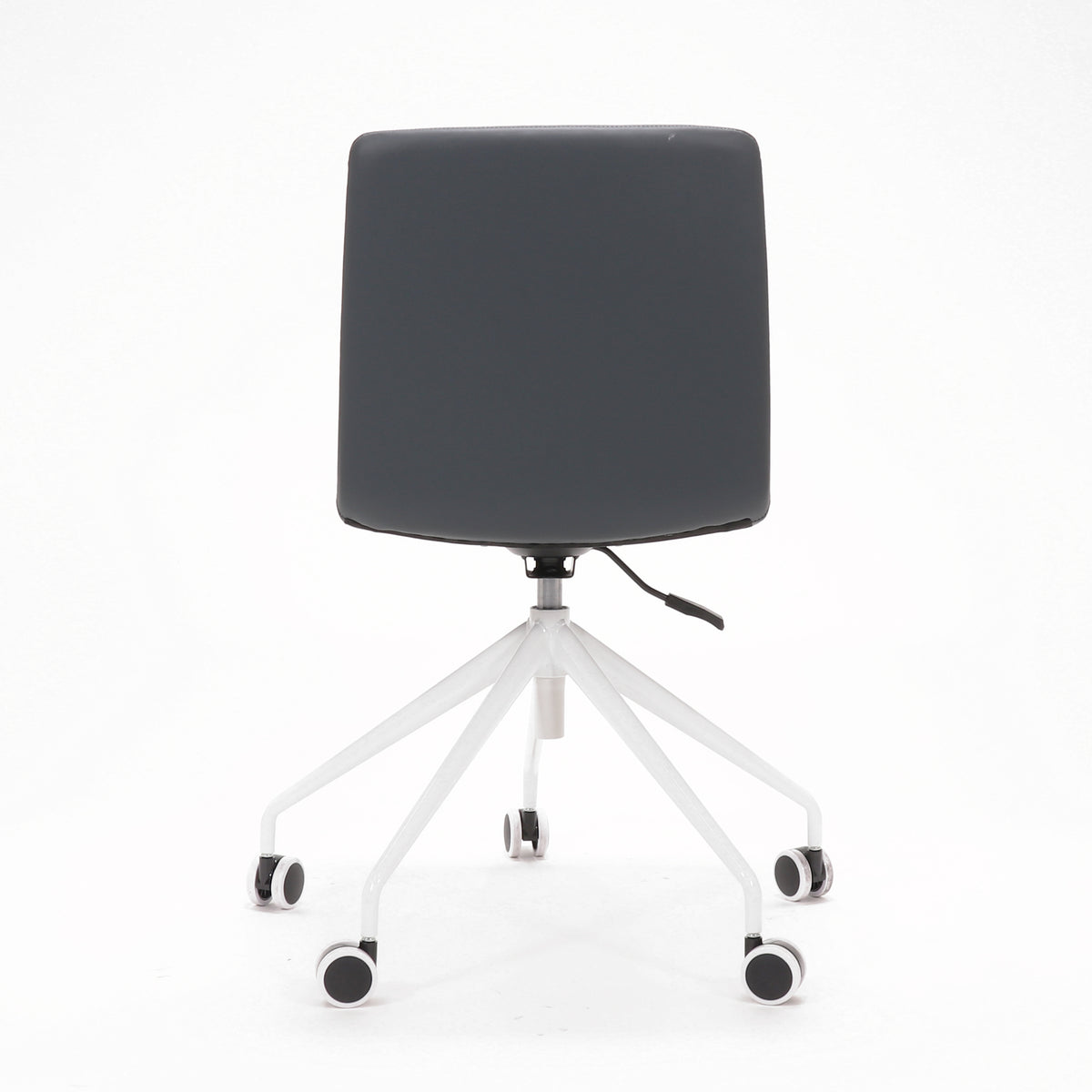 Rapidline Pixel 5 Star breakout and meeting chair in French Navy PU on a white powdercoated five star swivel base with a gas strut, product photograph on a plain background showing the ribbed horizontal stitching across the seat and back.