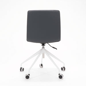 Rapidline Pixel 5 Star breakout and meeting chair in French Navy PU on a white powdercoated five star swivel base with a gas strut, product photograph on a plain background showing the ribbed horizontal stitching across the seat and back.
