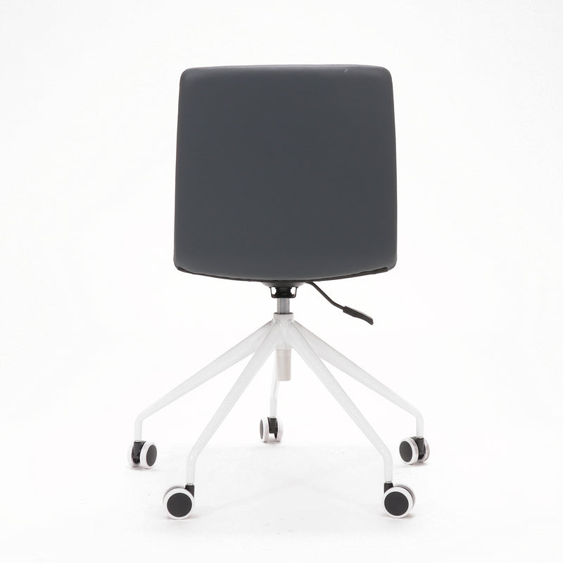 Rapidline Pixel 5 Star breakout and meeting chair in French Navy PU on a white powdercoated five star swivel base with a gas strut, product photograph on a plain background showing the ribbed horizontal stitching across the seat and back.