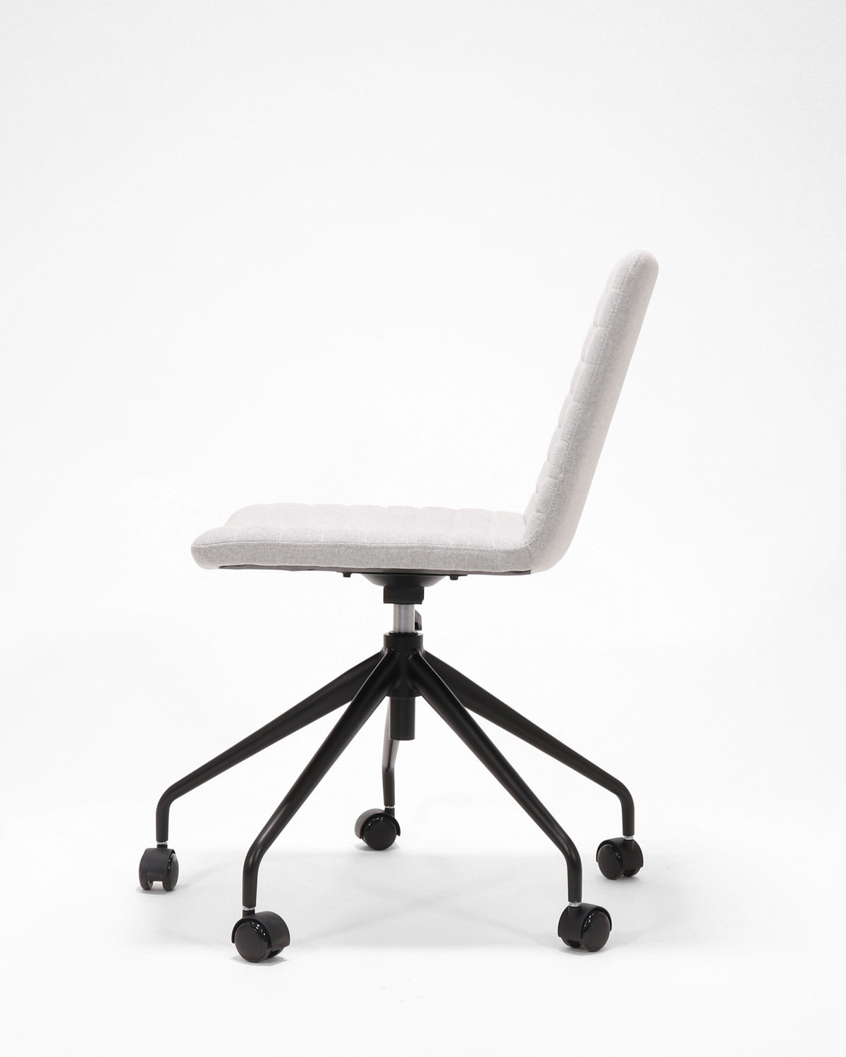 Rapidline Pixel 5 Star breakout and meeting chair in light grey commercial fabric on a black powdercoated five star swivel base with a gas strut, product photograph on a plain background showing the ribbed horizontal stitching across the seat and back.