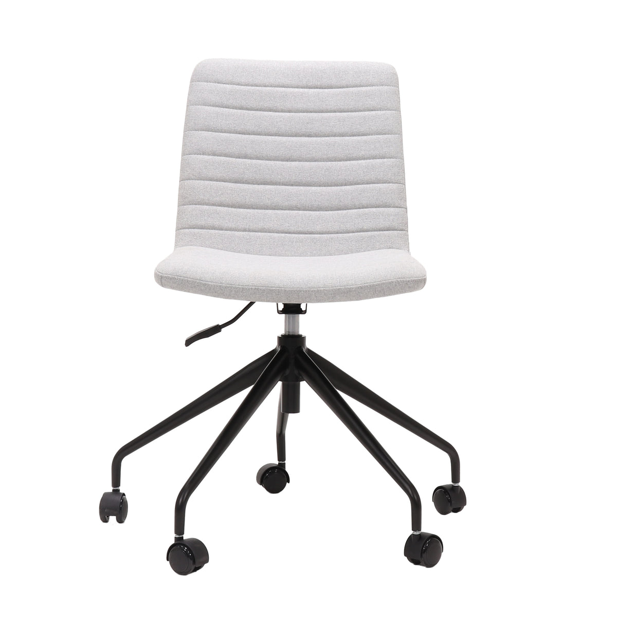 Rapidline Pixel 5 Star breakout and meeting chair in light grey commercial fabric on a black powdercoated five star swivel base with a gas strut, product photograph on a plain background showing the ribbed horizontal stitching across the seat and back.