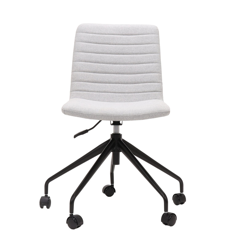 Rapidline Pixel 5 Star breakout and meeting chair in light grey commercial fabric on a black powdercoated five star swivel base with a gas strut, product photograph on a plain background showing the ribbed horizontal stitching across the seat and back.