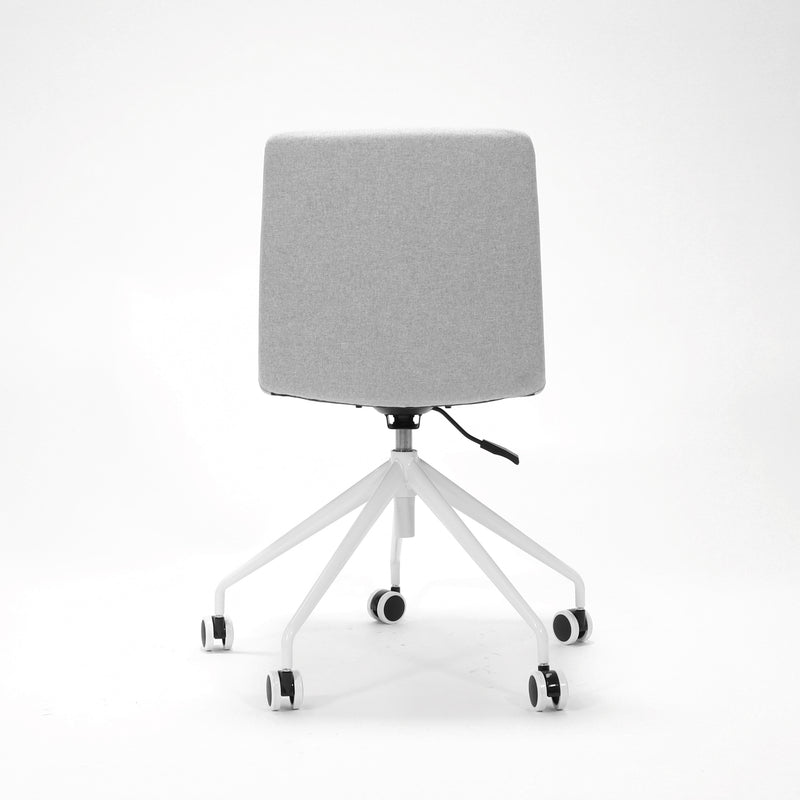 Rapidline Pixel 5 Star breakout and meeting chair in light grey commercial fabric on a white powdercoated five star swivel base with a gas strut, product photograph on a plain background showing the ribbed horizontal stitching across the seat and back.
