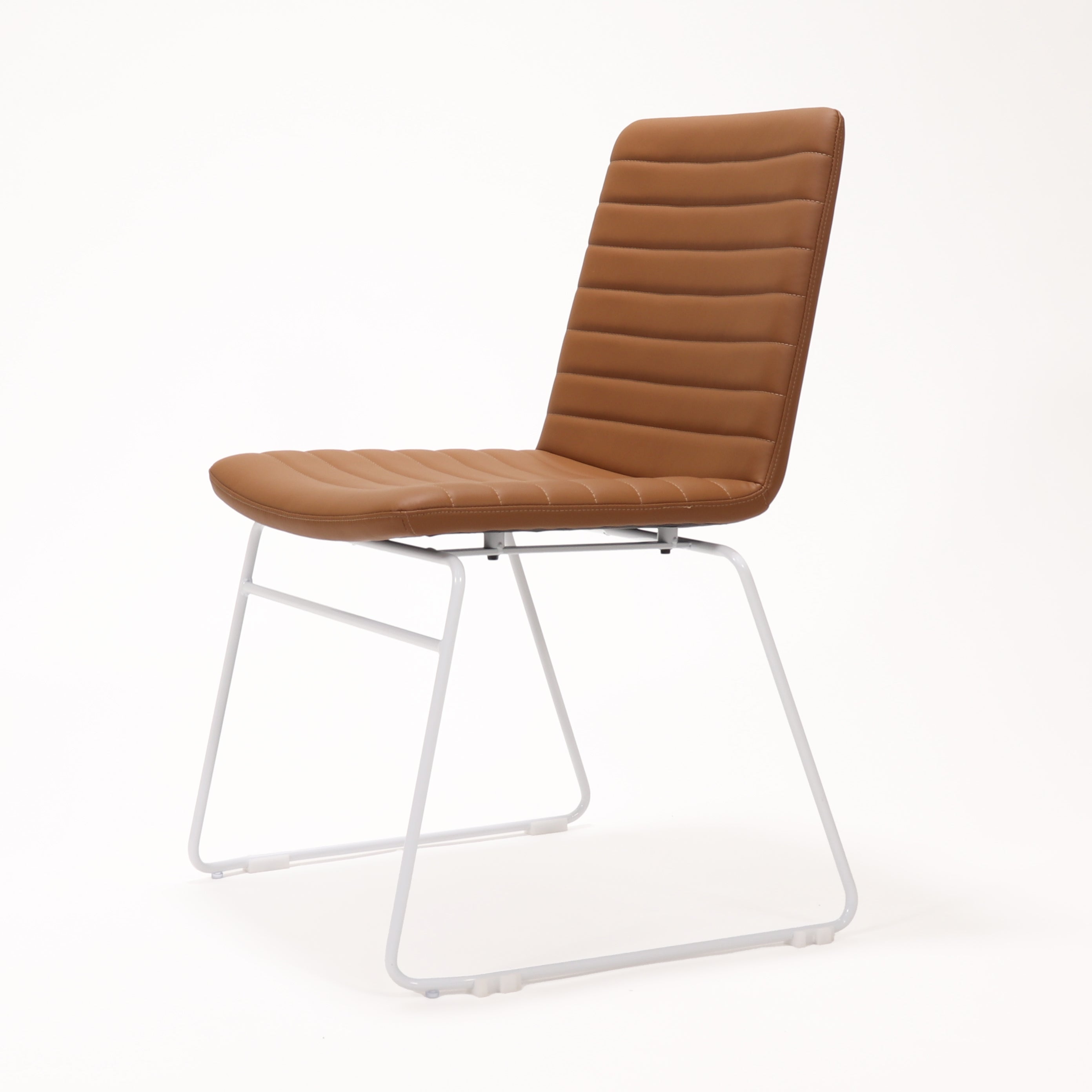 Rapidline Pixel sled base visitor chair in amber PU on a white powdercoated continuous sled base, product photograph on a plain background showing the ribbed horizontal stitching across the seat and back.