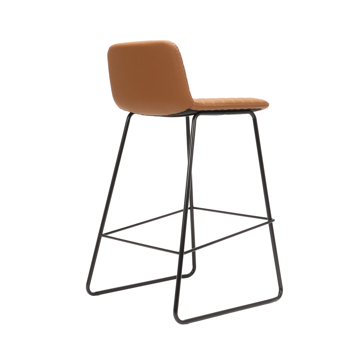 Rapidline Pixel bar high stool in amber PU on a black powdercoated tall sled base with a foot rail, product photograph on a plain background showing the ribbed horizontal stitching across the seat and back.