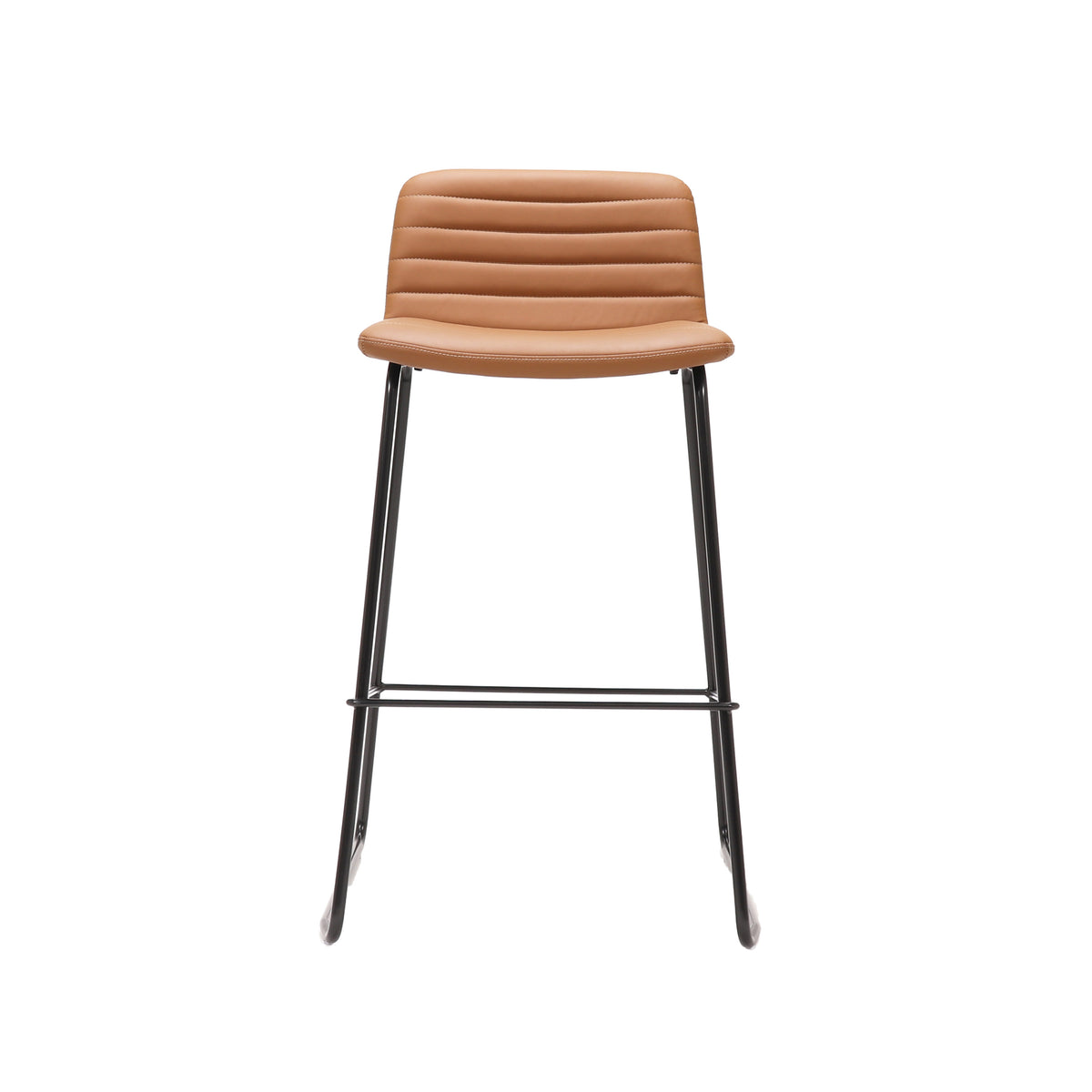 Rapidline Pixel bar high stool in amber PU on a black powdercoated tall sled base with a foot rail, product photograph on a plain background showing the ribbed horizontal stitching across the seat and back.