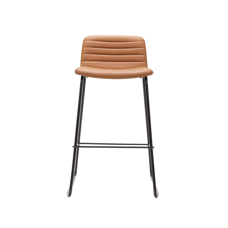Rapidline Pixel bar high stool in amber PU on a black powdercoated tall sled base with a foot rail, product photograph on a plain background showing the ribbed horizontal stitching across the seat and back.