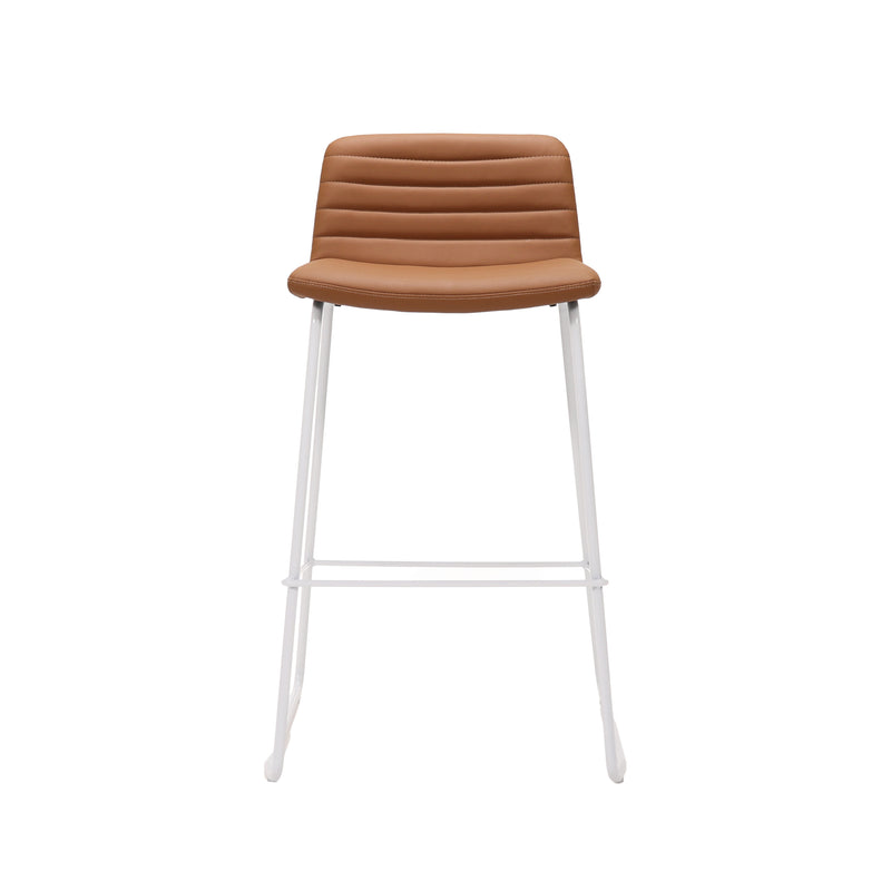 Rapidline Pixel bar high stool in amber PU on a white powdercoated tall sled base with a foot rail, product photograph on a plain background showing the ribbed horizontal stitching across the seat and back.