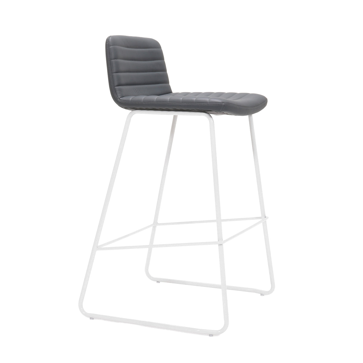 Rapidline Pixel bar high stool in French Navy PU on a white powdercoated tall sled base with a foot rail, product photograph on a plain background showing the ribbed horizontal stitching across the seat and back.