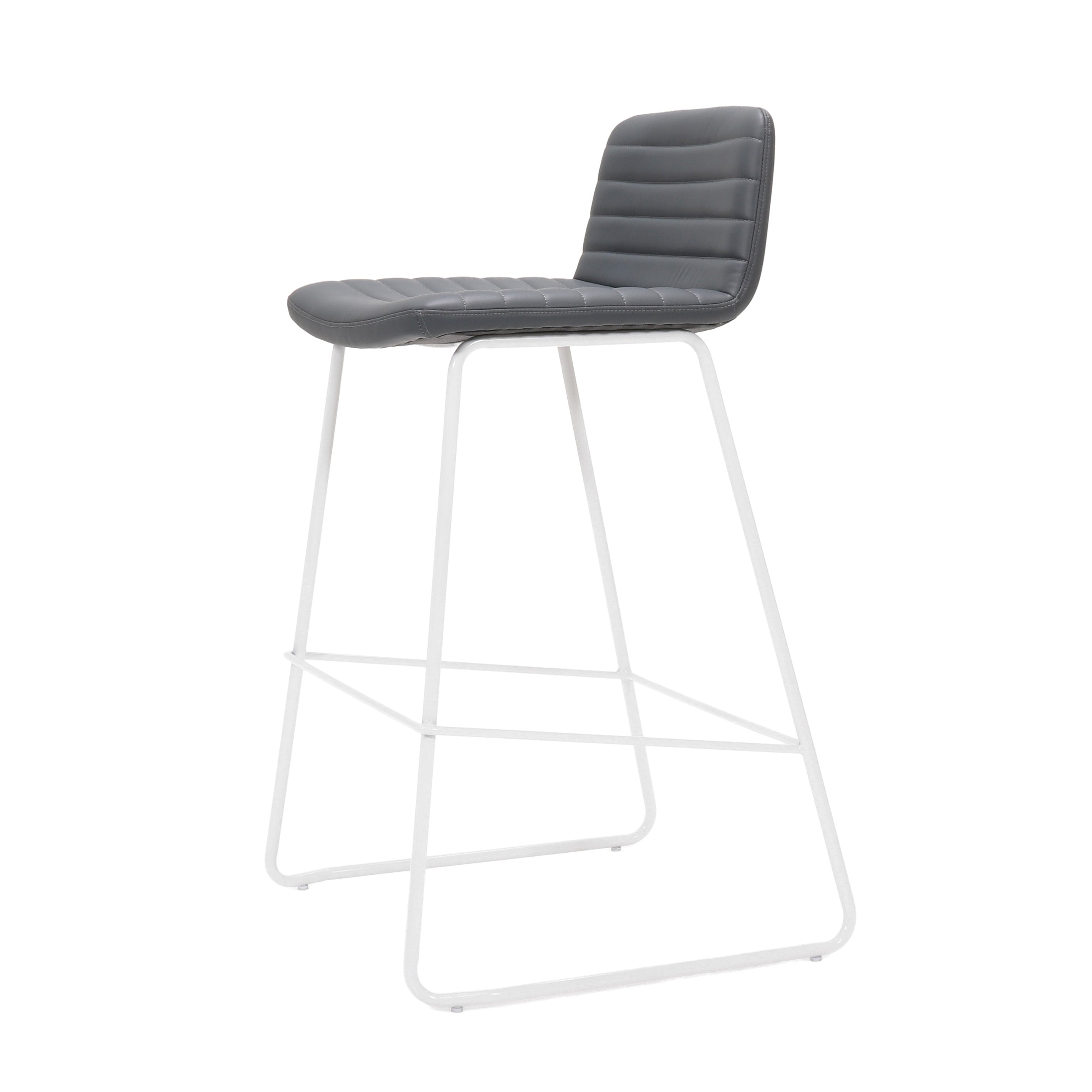 Rapidline Pixel bar high stool in French Navy PU on a white powdercoated tall sled base with a foot rail, product photograph on a plain background showing the ribbed horizontal stitching across the seat and back.