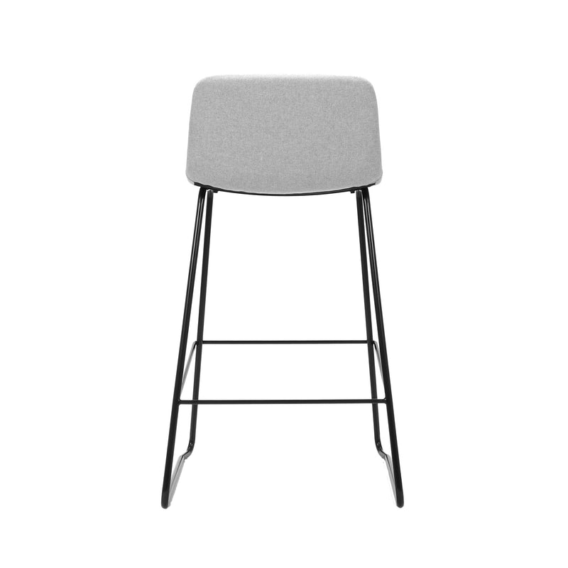 Rapidline Pixel bar high stool in light grey commercial fabric on a black powdercoated tall sled base with a foot rail, product photograph on a plain background showing the ribbed horizontal stitching across the seat and back.