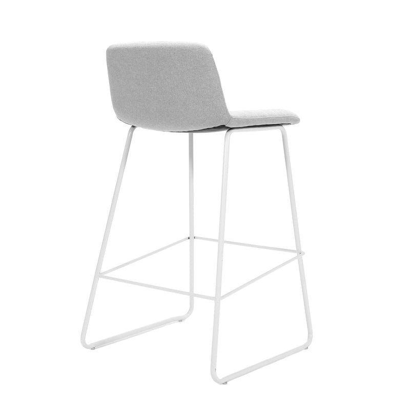 Rapidline Pixel bar high stool in light grey commercial fabric on a white powdercoated tall sled base with a foot rail, product photograph on a plain background showing the ribbed horizontal stitching across the seat and back.