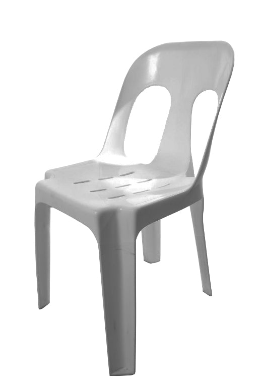 Rapidline Pippee heavy duty stacking chair in grey, front three quarter view, showing the one-piece monobloc shell with the keyhole cut-out backrest.