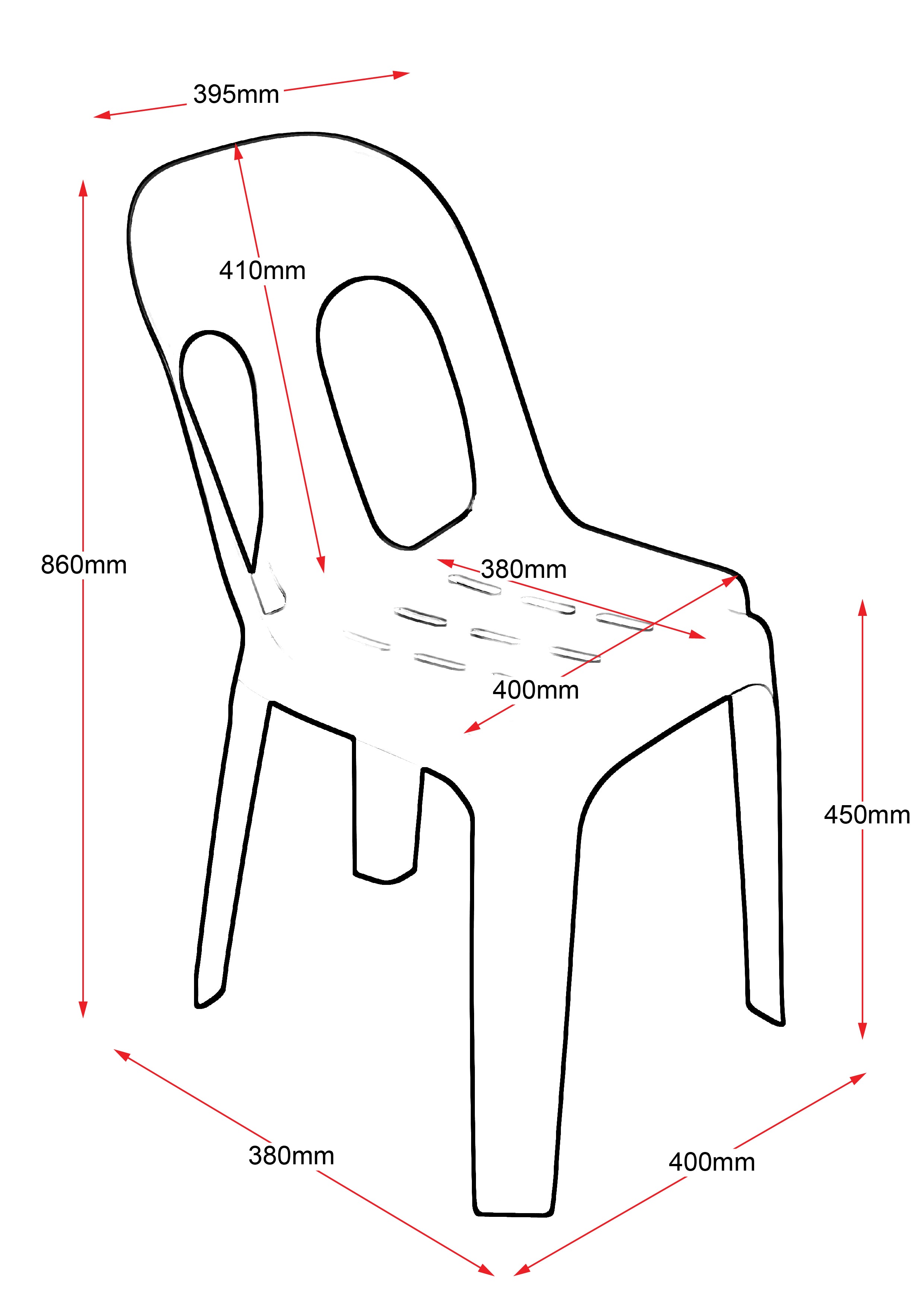 Dimensioned line drawing of the Rapidline Pippee stacking chair showing 860mm overall height, 450mm seat height, 400mm width and 380mm depth.