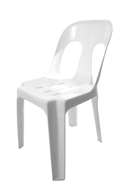 Rapidline Pippee stacking chair in white from a lower side angle, showing the moulded seat drainage slots and tapered legs.
