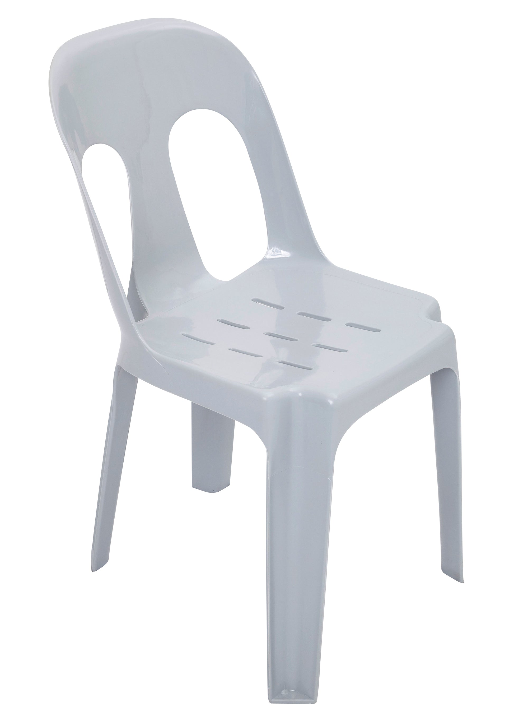 Rapidline Pippee heavy duty stacking chair in white, front three quarter view, showing the one-piece monobloc shell with the keyhole cut-out backrest.